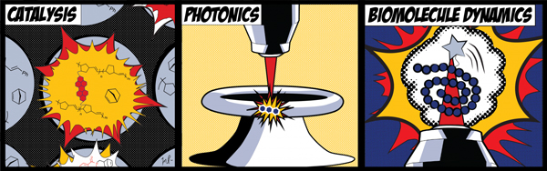 Graphicnfor areas the lab works in - Catalysis, Photonics, Biomolecule Dynamics